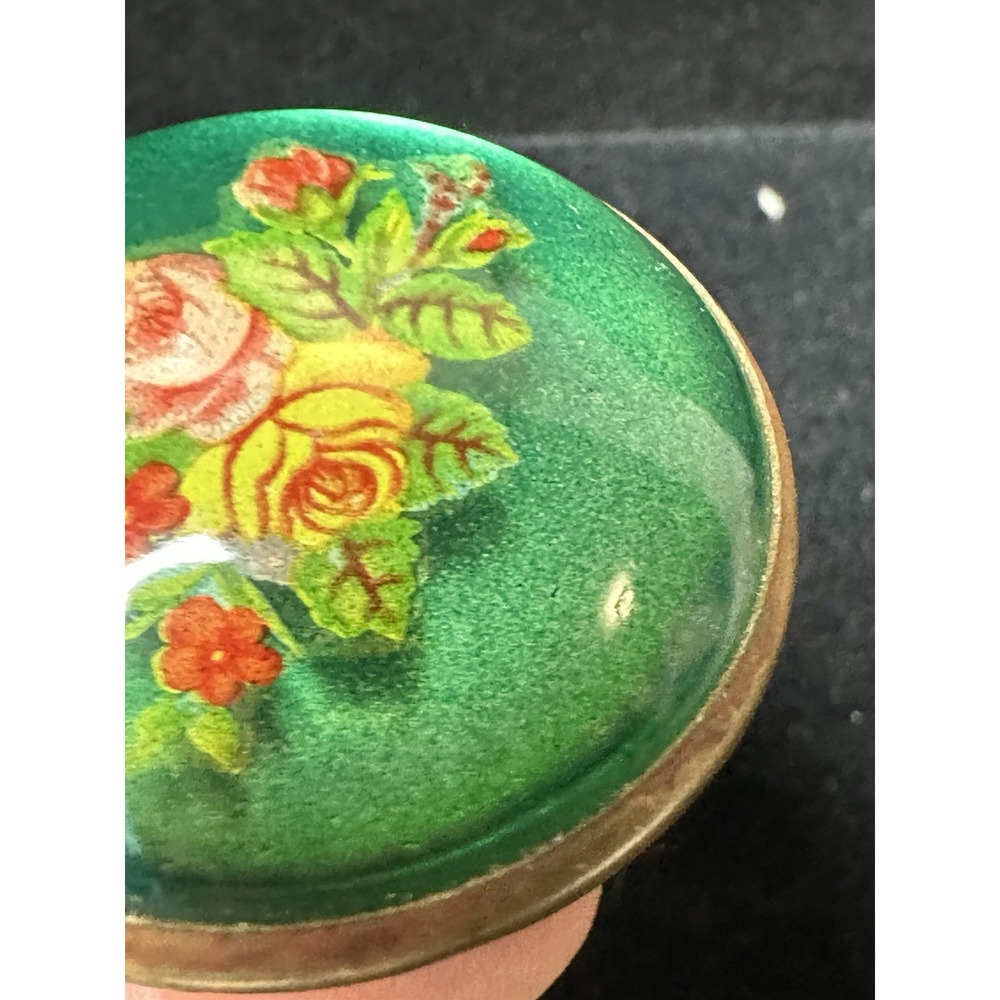 Vintage Hand Painted Floral Glass Brooch Green Domed Rose Pin MCM Antique - Picture 10 of 12